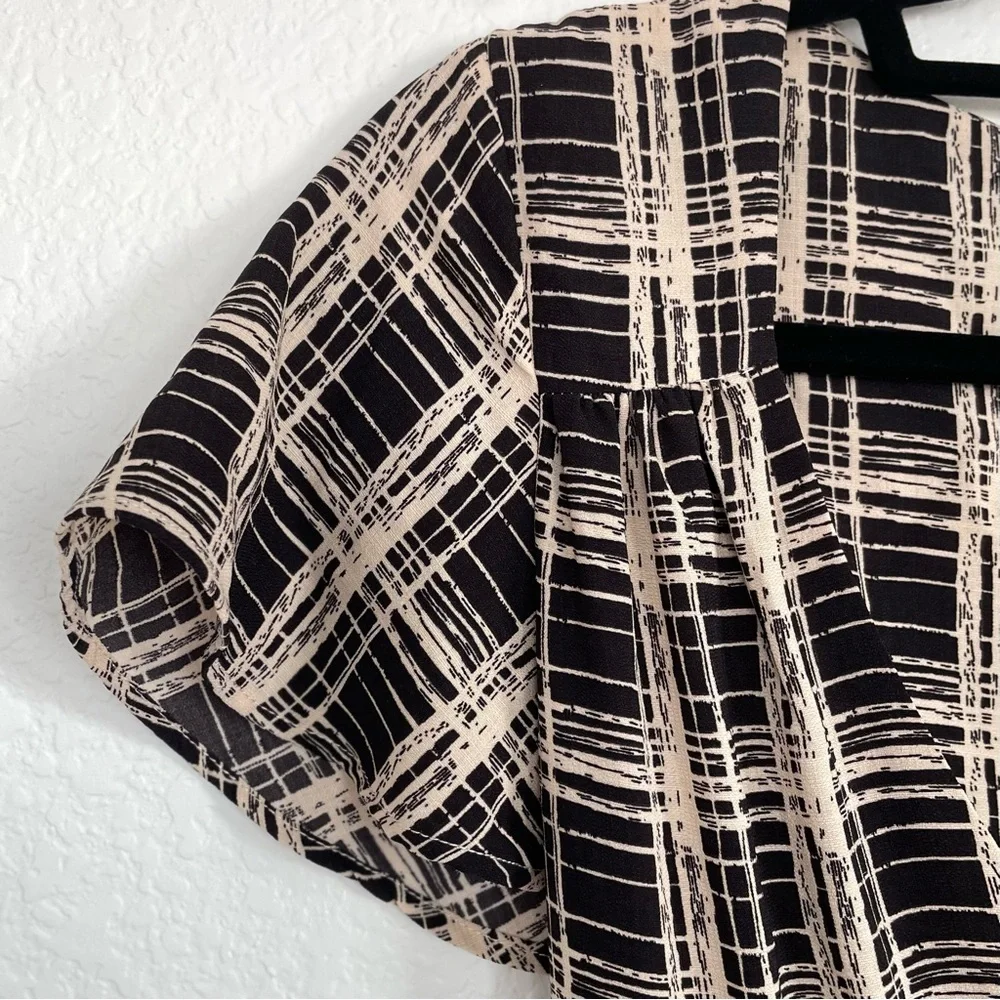URBAN OUTFITTERS • Black and Cream Plaid Print Wrap Midi Dress • Small
